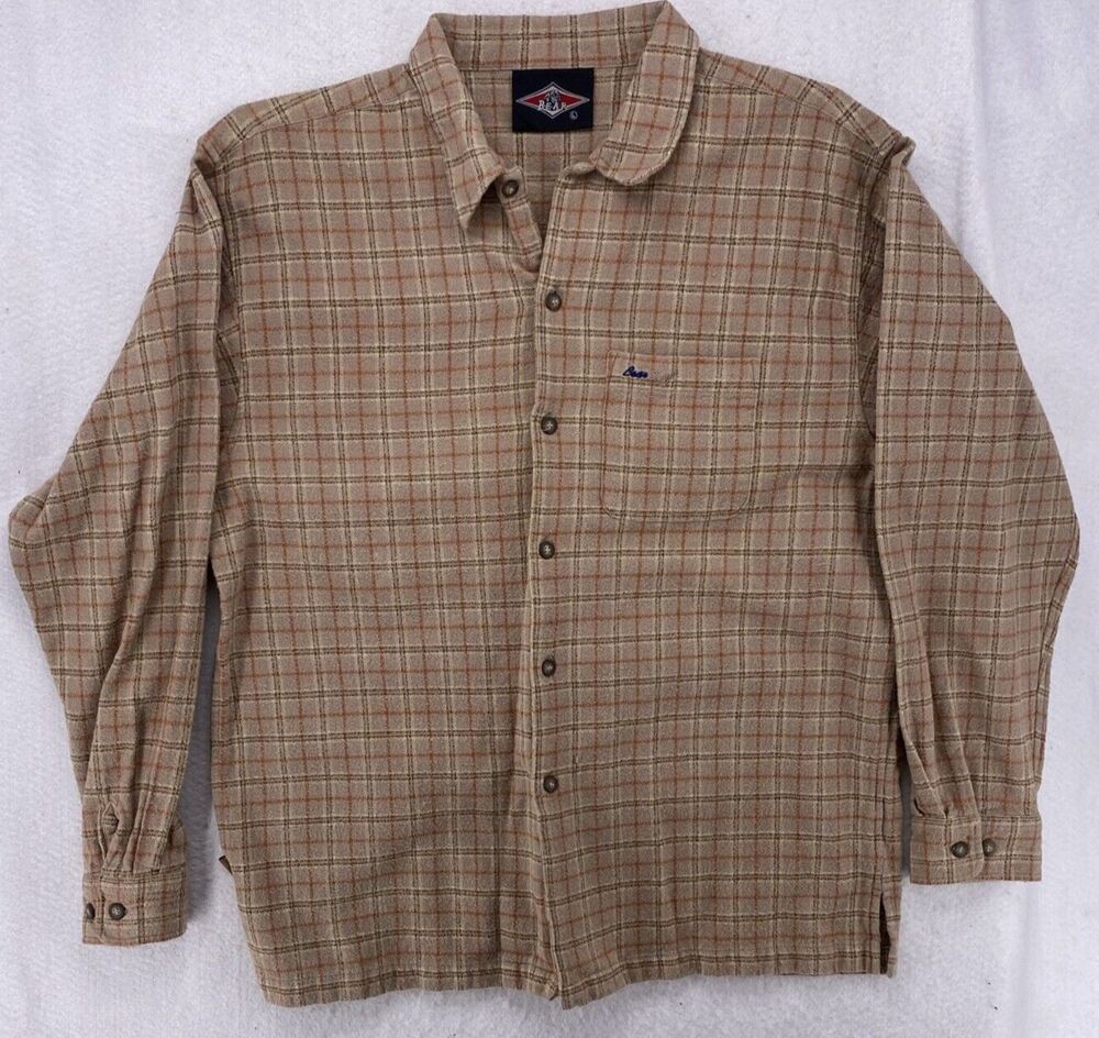 Vintage Bear USA Mens Large Plaid Flannel Button Shirt Earth Tone Brown 90s Y2K